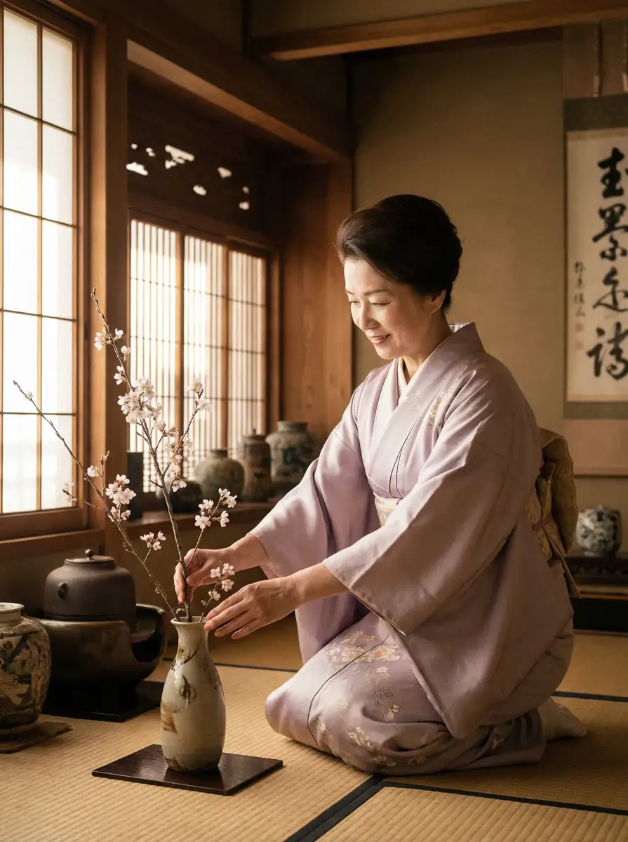 一位优雅的 华体育会平台 在和室中插花
